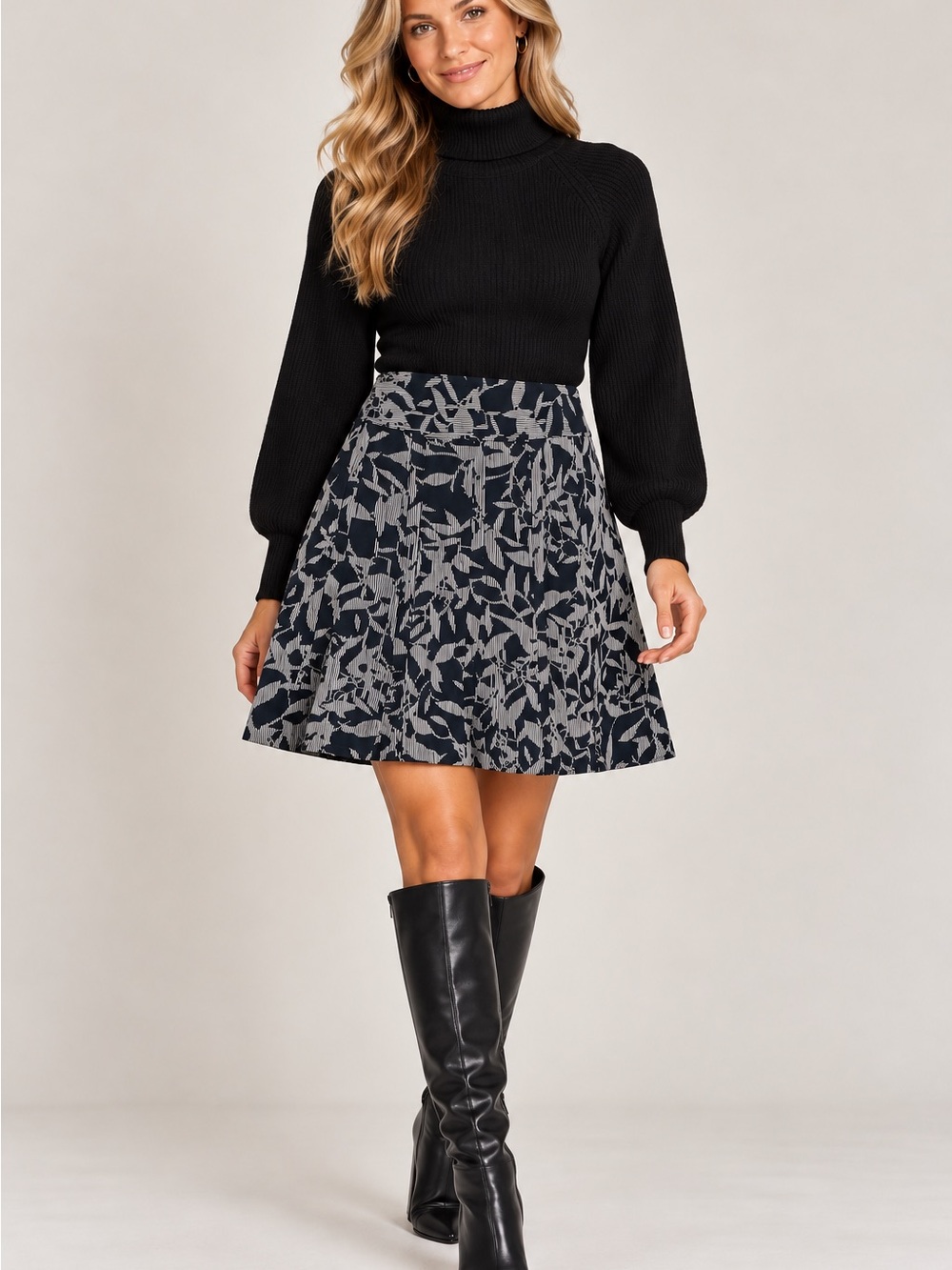 Ann Taylor black and off white Floral-Print Skater Skirt